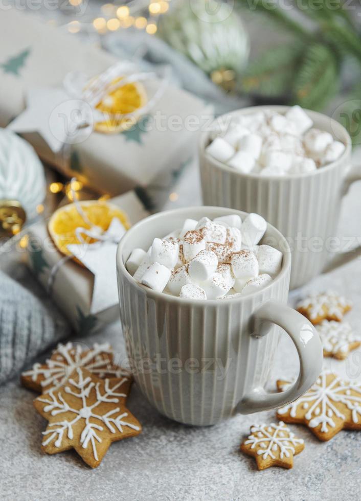 Hot chocolate with marshmallows, warm cozy Christmas drink photo