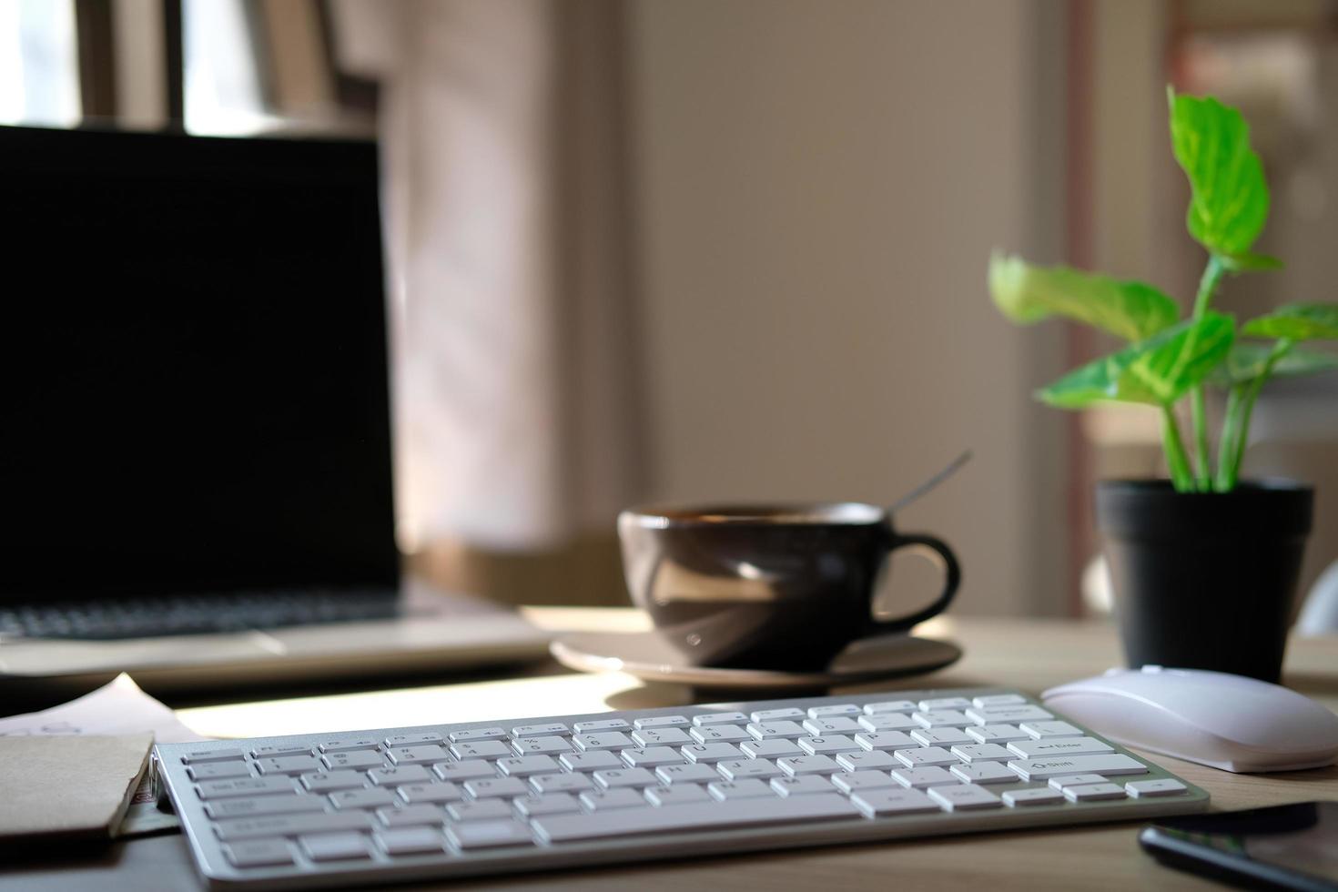 close up mouse and keyboard on table and business concept photo