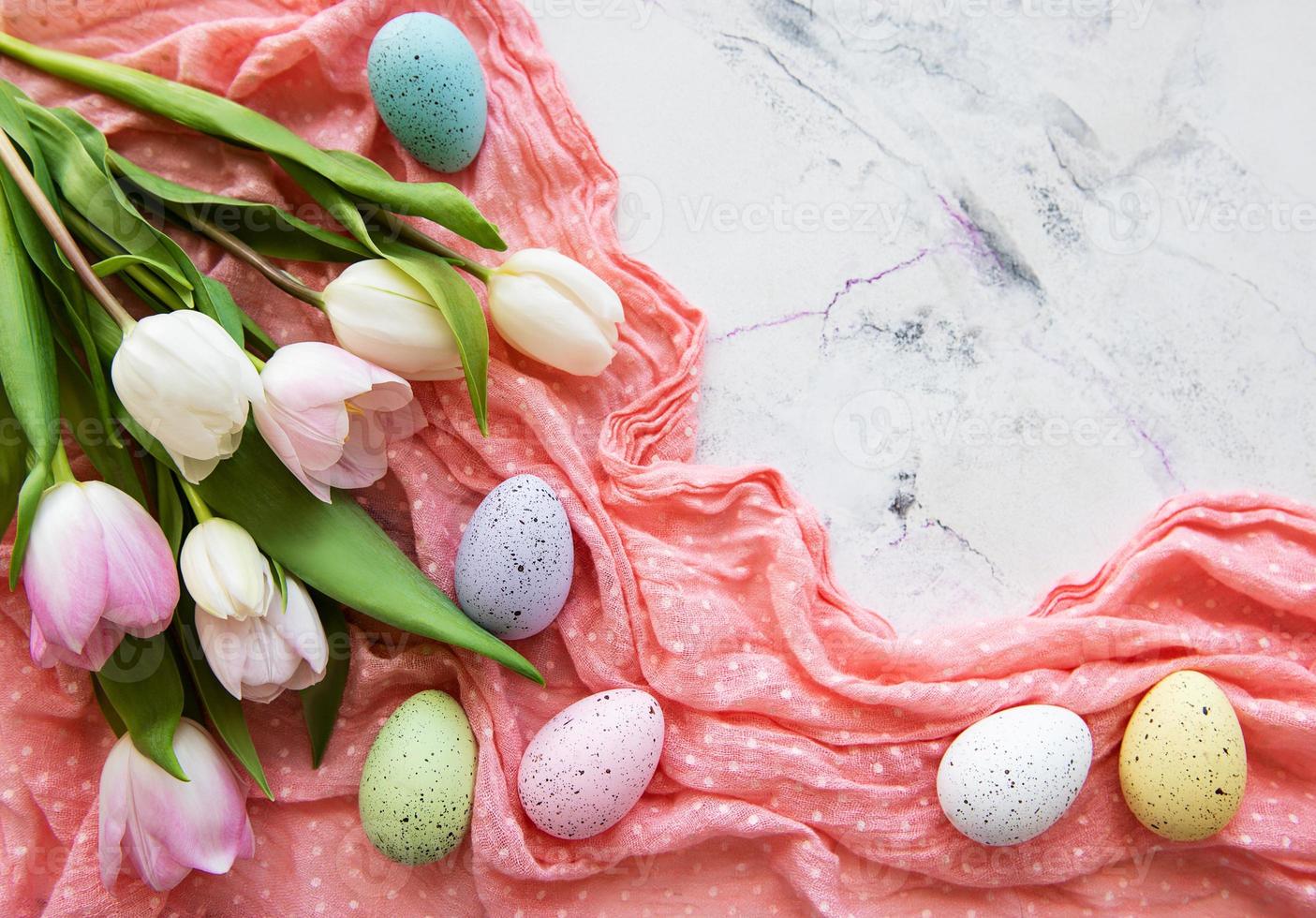 Easter eggs and tulips bouquet photo