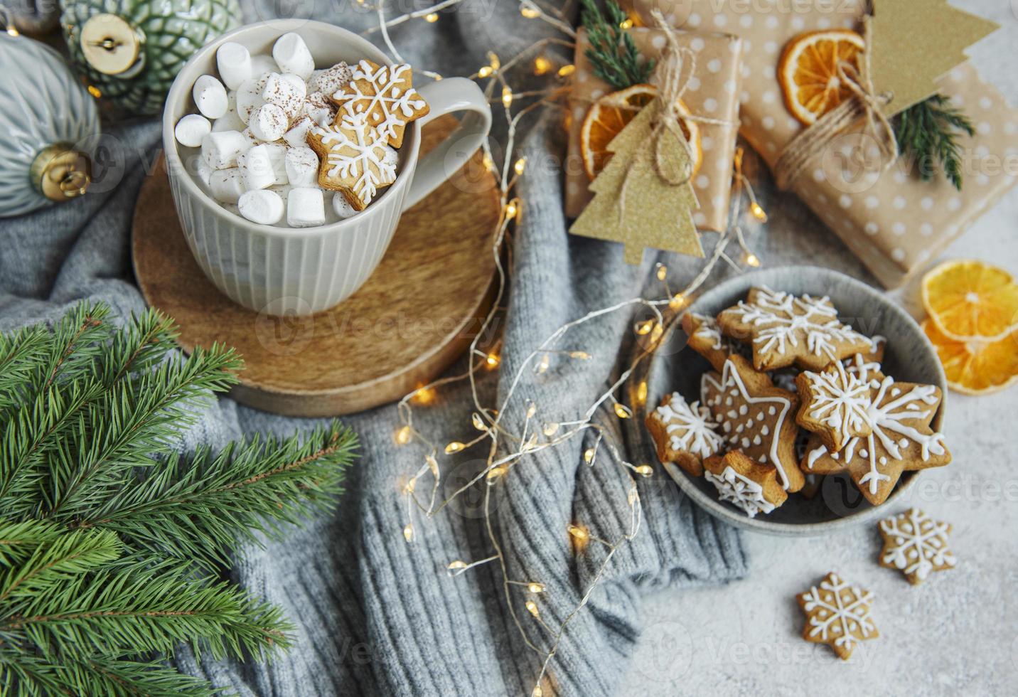 Hot chocolate with marshmallows, warm cozy Christmas drink photo