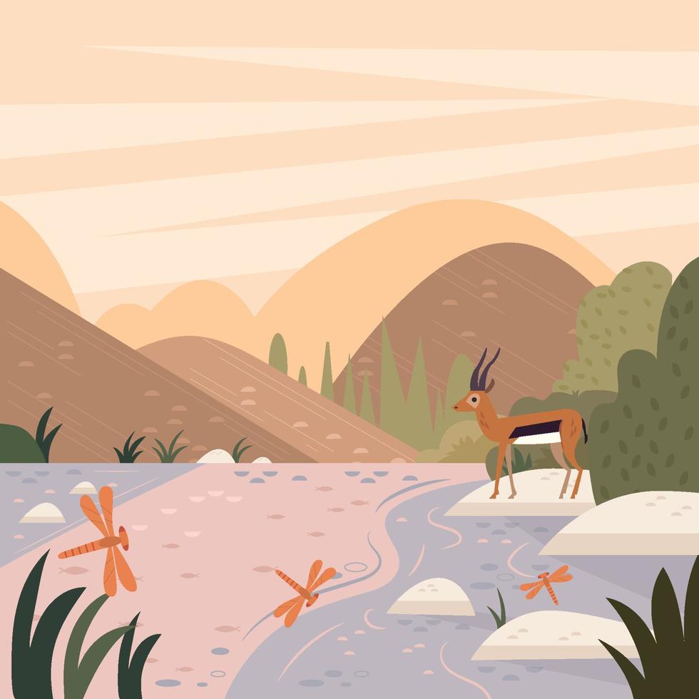 Deer Stand On Side Of River Bank Concept vector