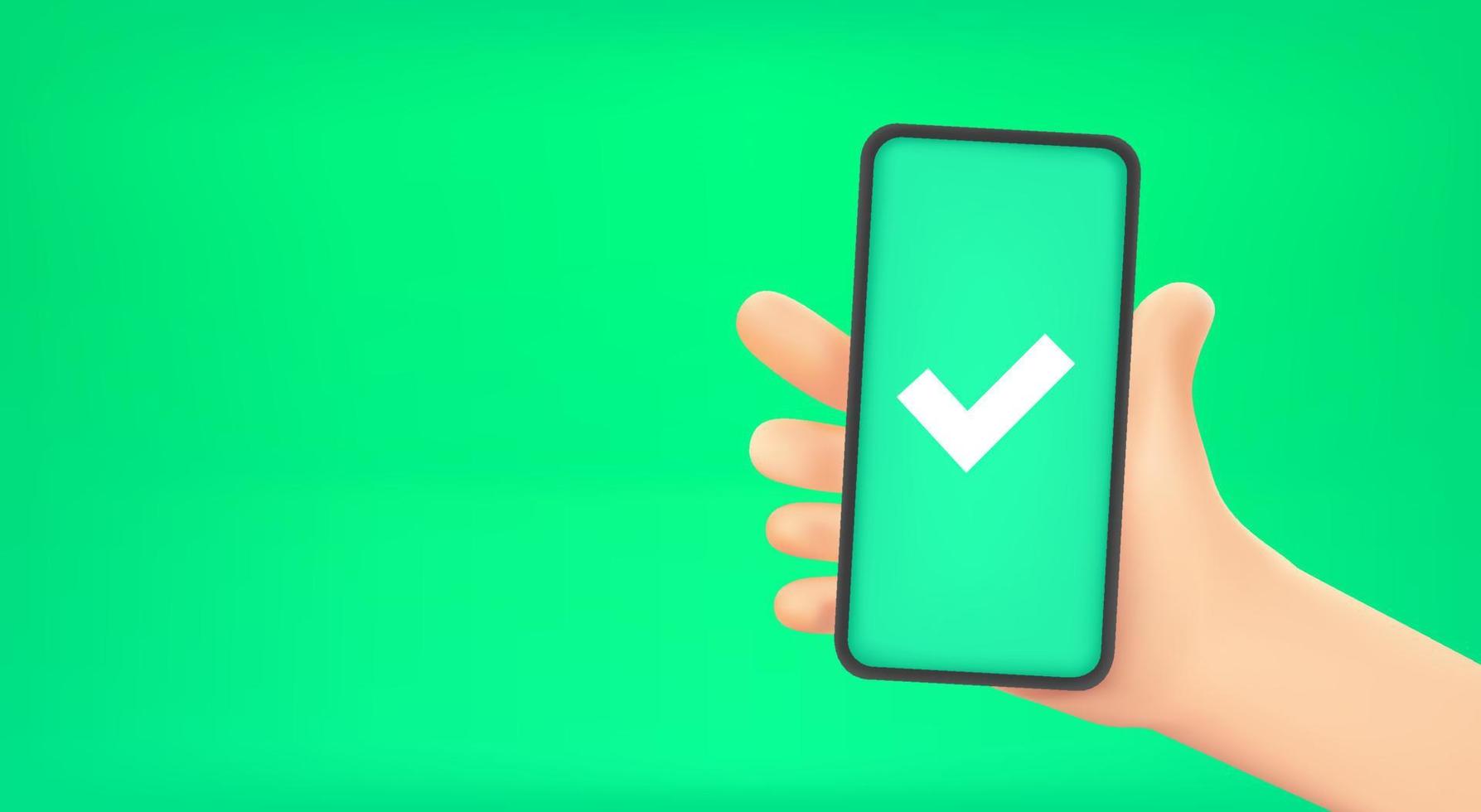 Man holding smartphone with check symbol. Vector banner with copy space