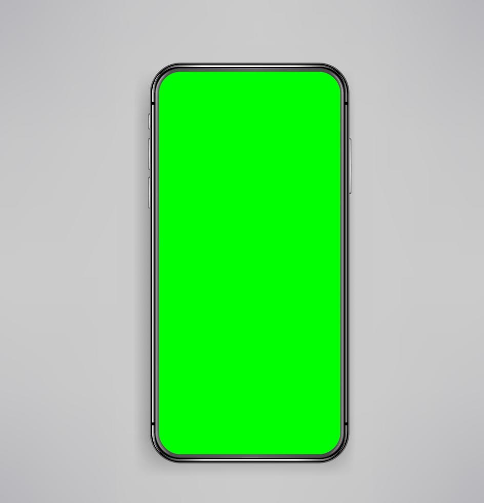 Modern smartphone with blank green screen on a table. Vector mockup for video keying