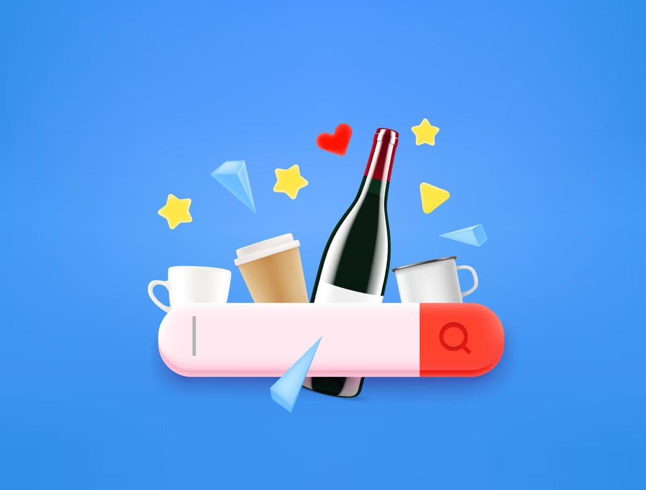 Searching for a beverage with search tab. 3d style vector illustration