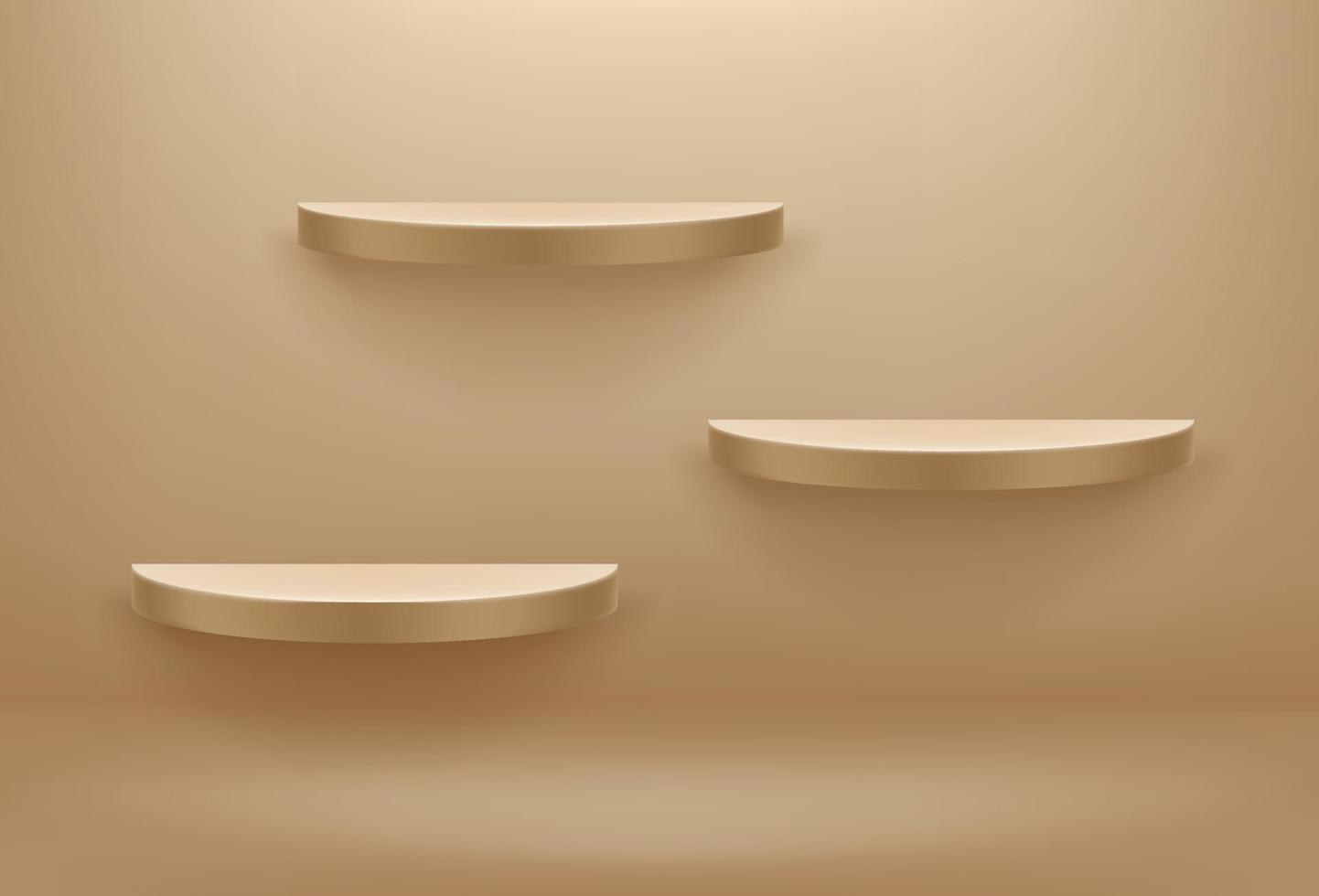 Gold luxury interior with three shelves on yhe wall. Realistic 3d style vector illustration