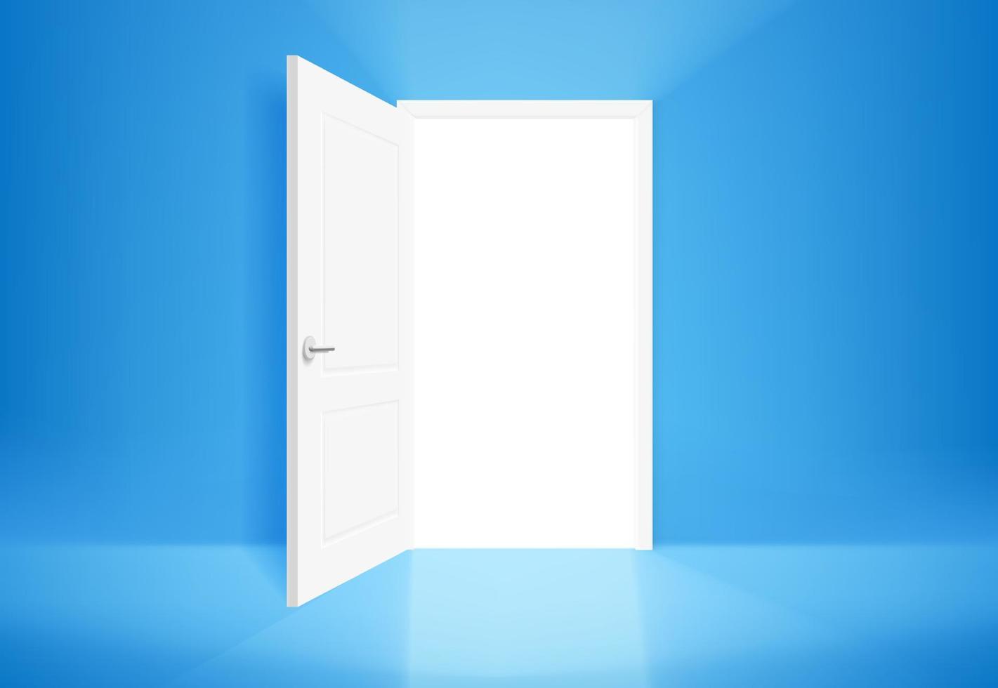 Opened door with shining way and blue wall. Realistic 3d style vector illustration