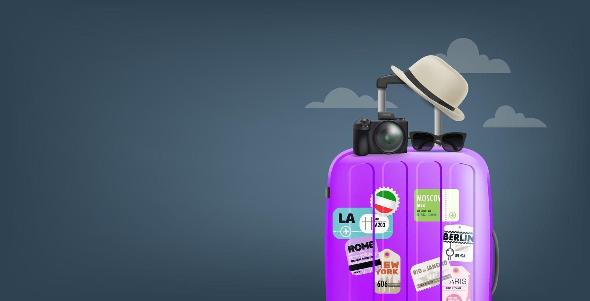 Violet travel bag. Horizontal vector banner with copy space