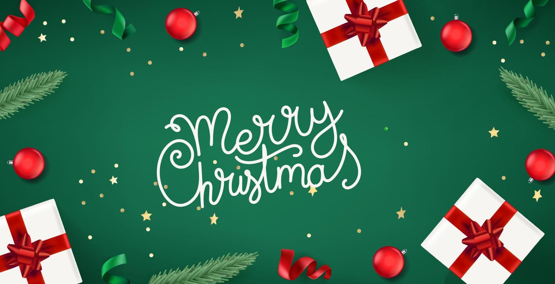 Merry Christmas card with lettering inscription. Horizontal vector banner with copy space