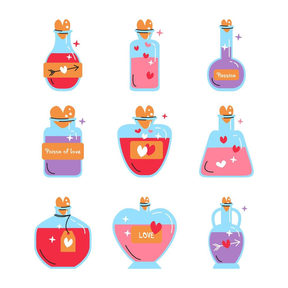 Ilustración de vector de colección de frascos de amor mágico aislado. conjunto de botellas con pociones en estilo plano lineal. bebida de alquimia, elixir con variedad de tinturas. elementos de diseño para el día de san valentín