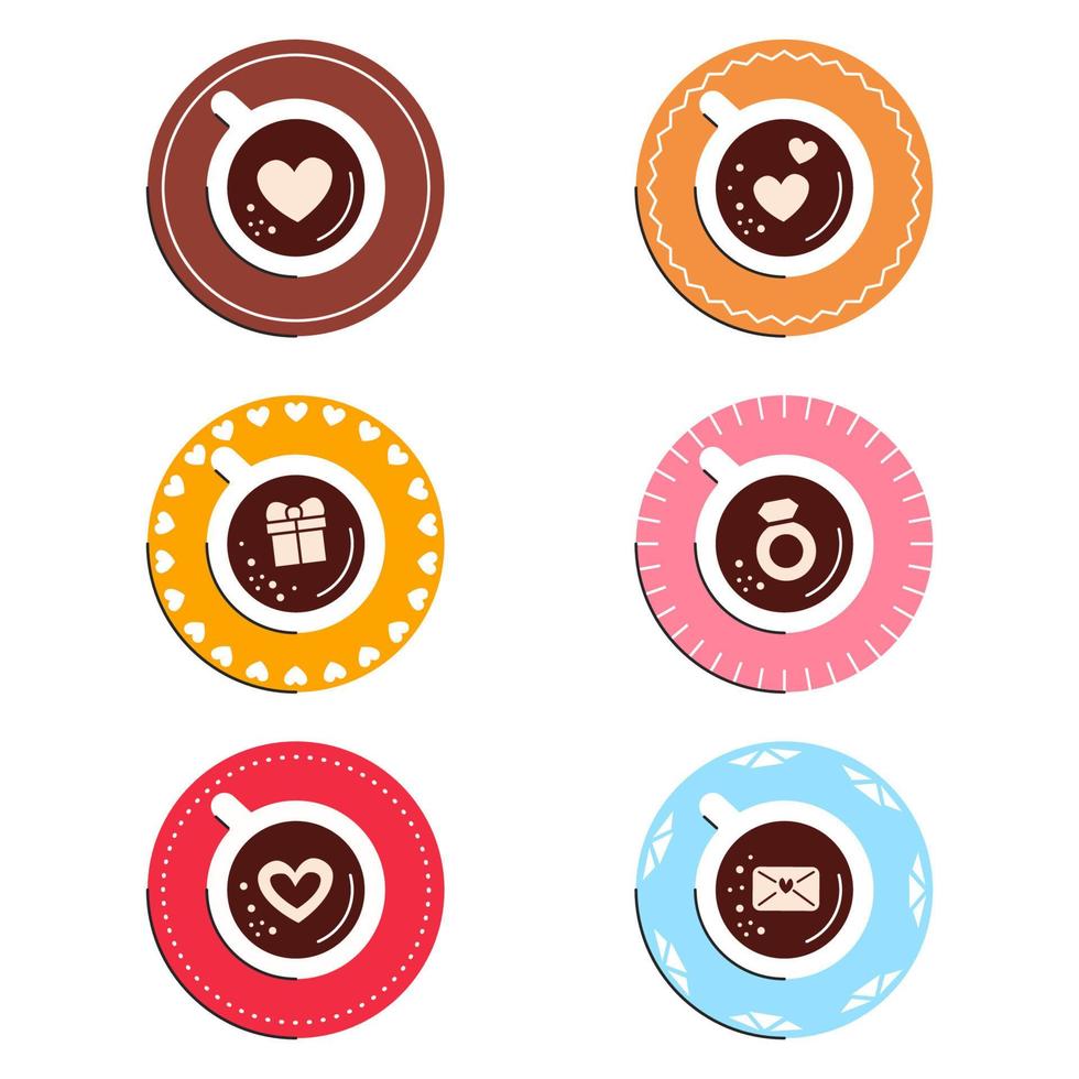 Coffee cup collection with different froth designs isolated. Latte art set for St. Valentines day. Mugs with cappuccino and heart shape drawing, ring, letter, gift. Vector flat linear illustration