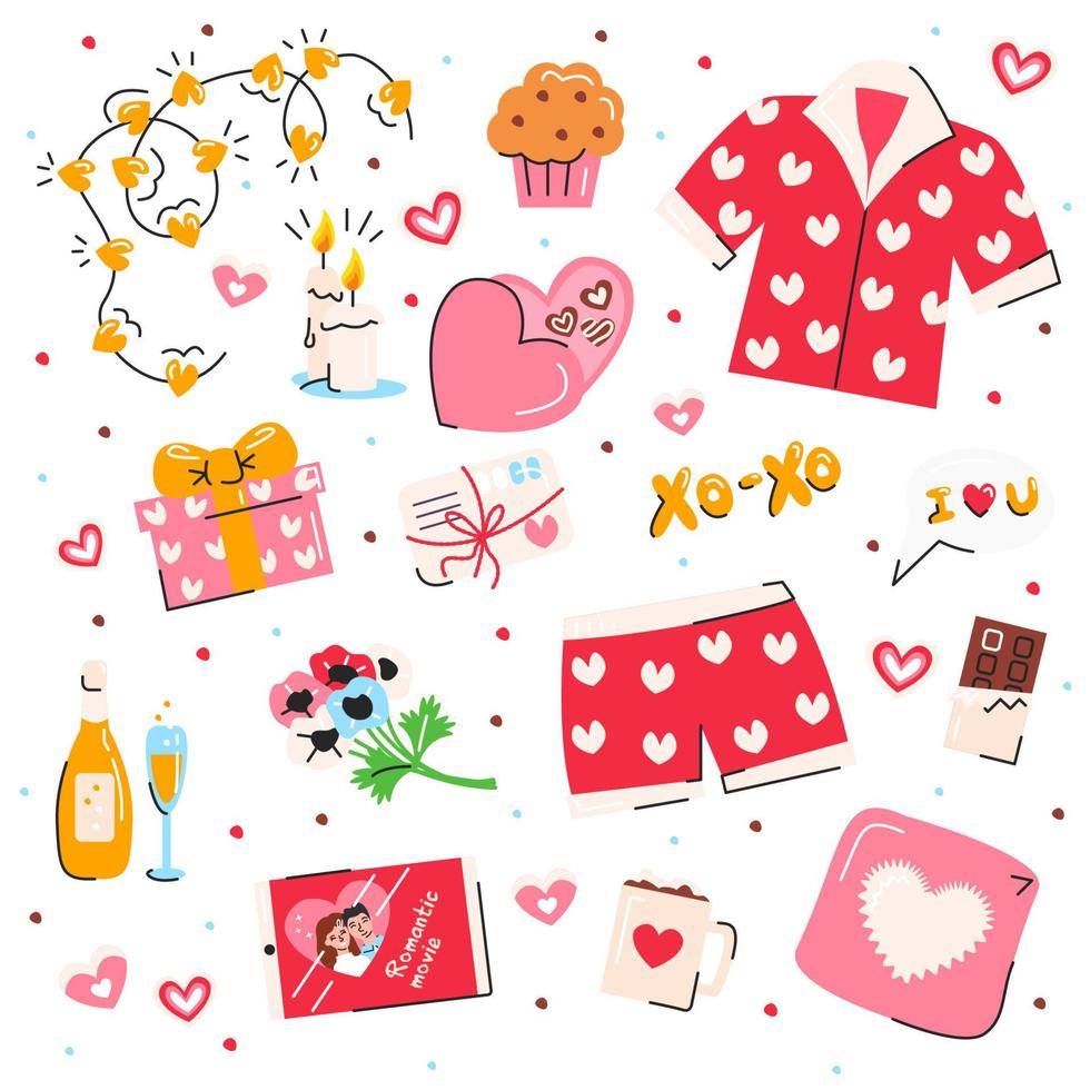 Conjunto de símbolos de San Valentín aislado sobre fondo blanco. lindos elementos utilizables para pegatinas, alfileres. coloridos objetos de amor. plantilla de saludo, felicitaciones, invitaciones. vector ilustración plana