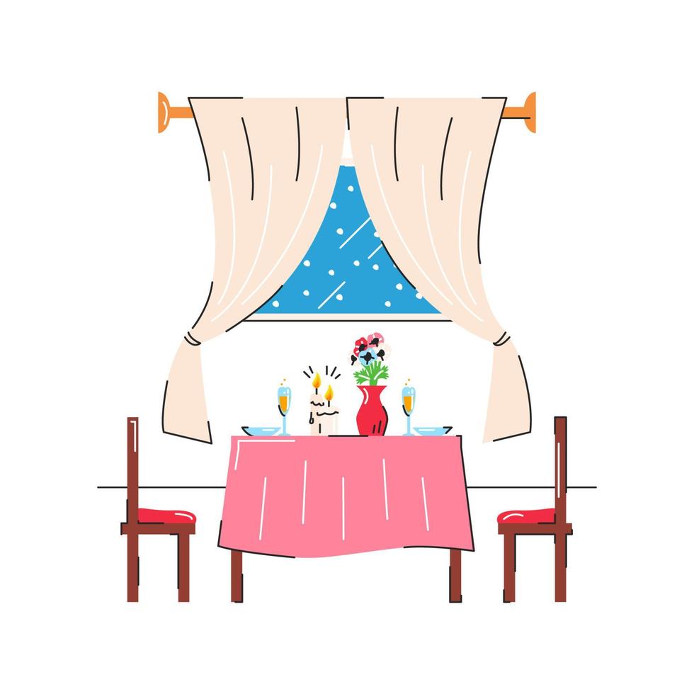 interior acogedor lindo comedor del día de san valentín aislado. lugar de citas románticas con ventana, mesa y sillas. celebración de aniversario en casa. objetos relacionados con la casa. vector ilustración lineal plana
