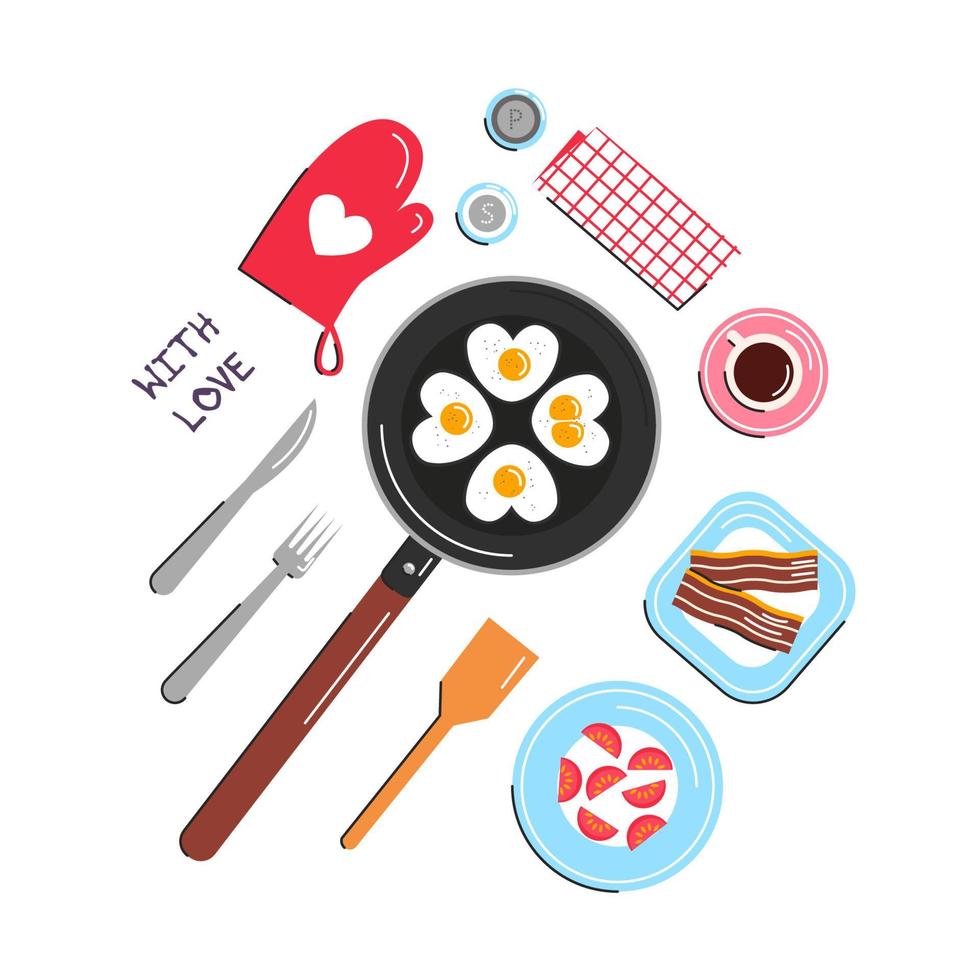 Vector illustration of heart shape fried eggs on black pan with coffee cup, bacon, tomato, salt, pepper, cutlery, potholder, napkin isolated. Flat love concept design for Valentines day. Greeting card