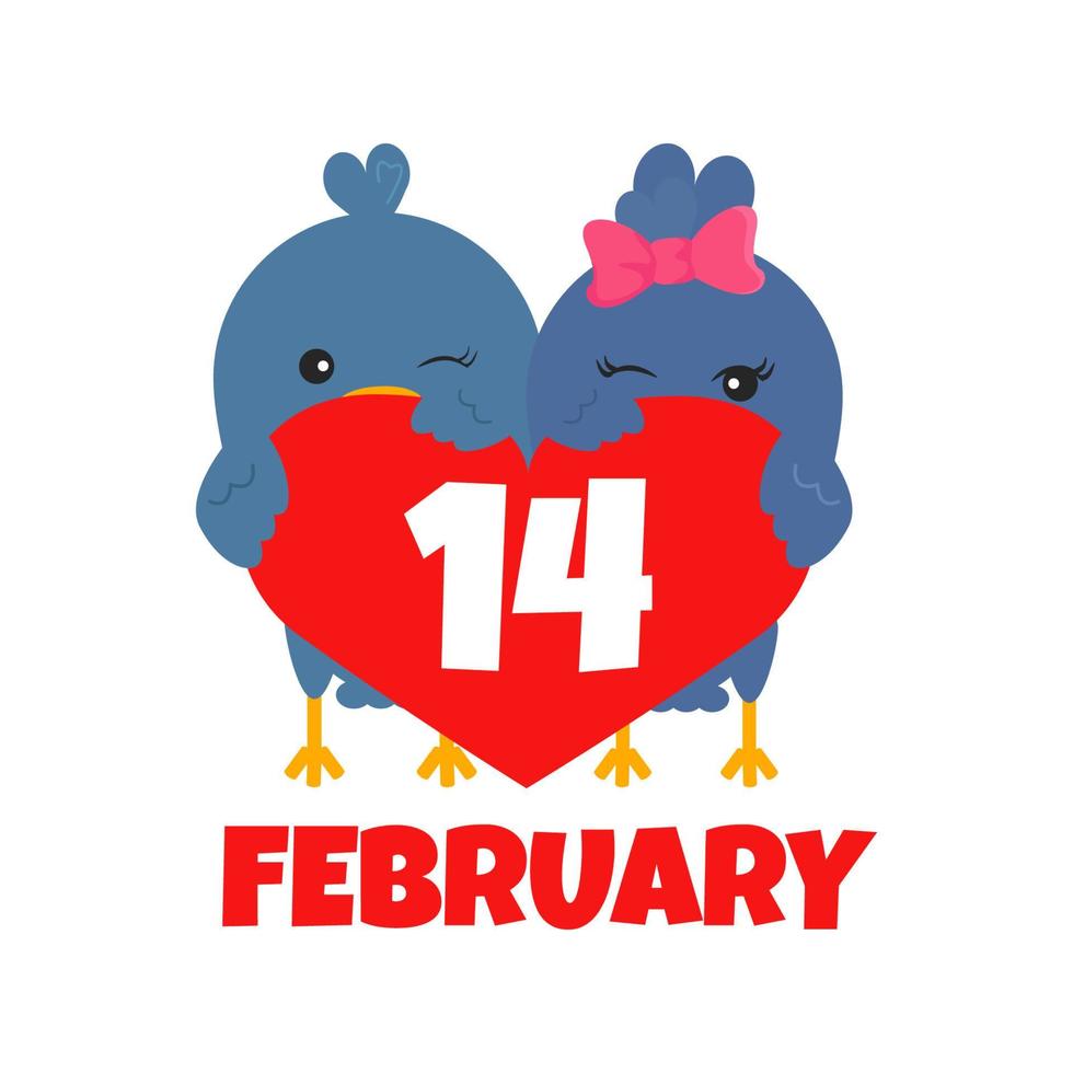 Vector Illustration of Big Heart and Love Birds Holding it. Cute Doves are Symbol of Saint Valentines Day. Template of Greeting Card for Lovers isolated on White Background. Funny Blue Lovebirds