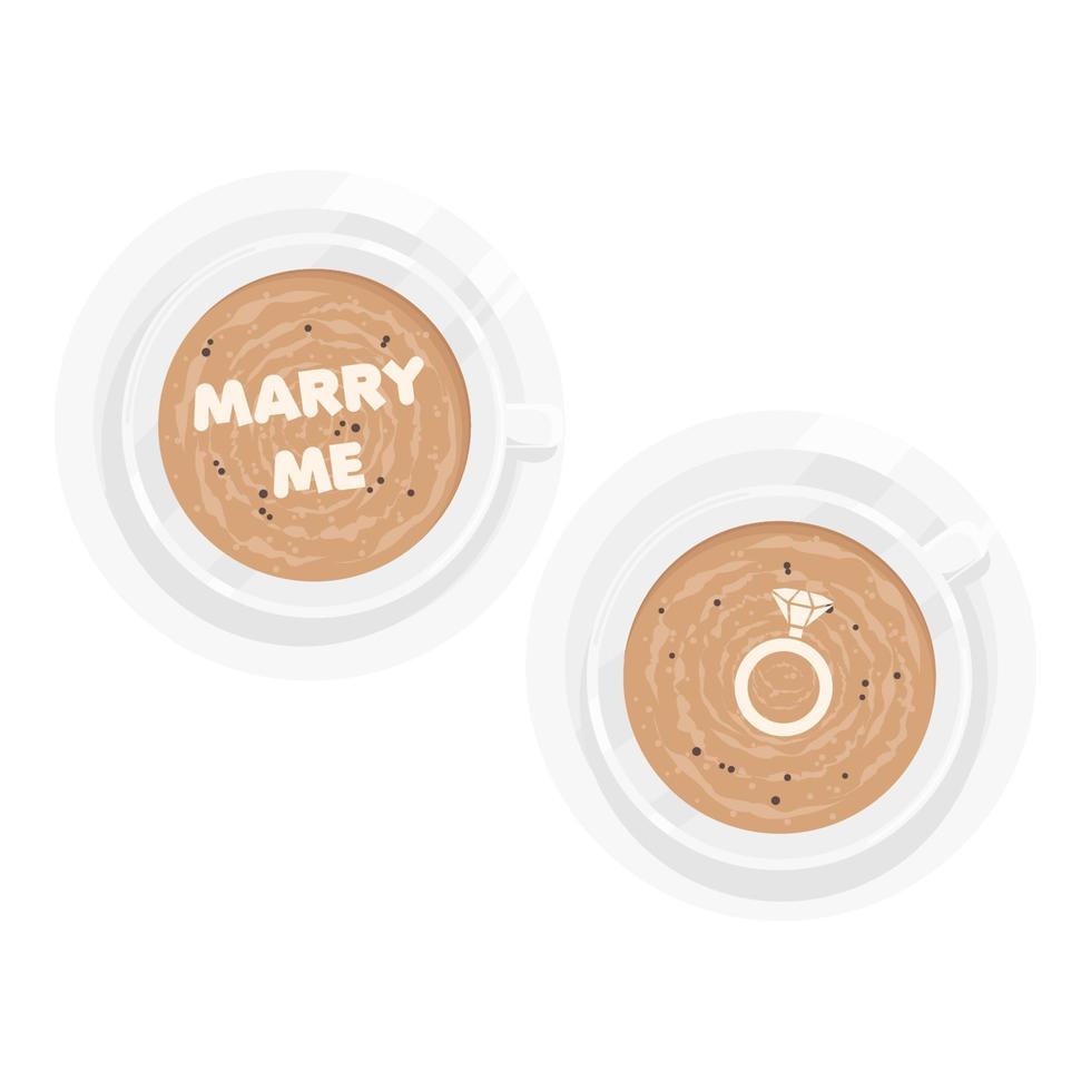 Vector Illustration of Two Coffee Cups with Foam.Original Proposal of Marry Me with Ring like Drawing in Cup with Espresso,Cappuccino or Latte.Creative Concept Design for Valentine's Day in Flat Style