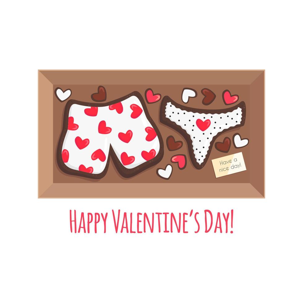 Ilustración de vector de caja con galletas para pareja como regalo para el día de San Valentín.productos de panadería dulces divertidos se parece a boxeadores y bragas.Concepto de comida utilizable para tarjetas de felicitación, postales, pancartas