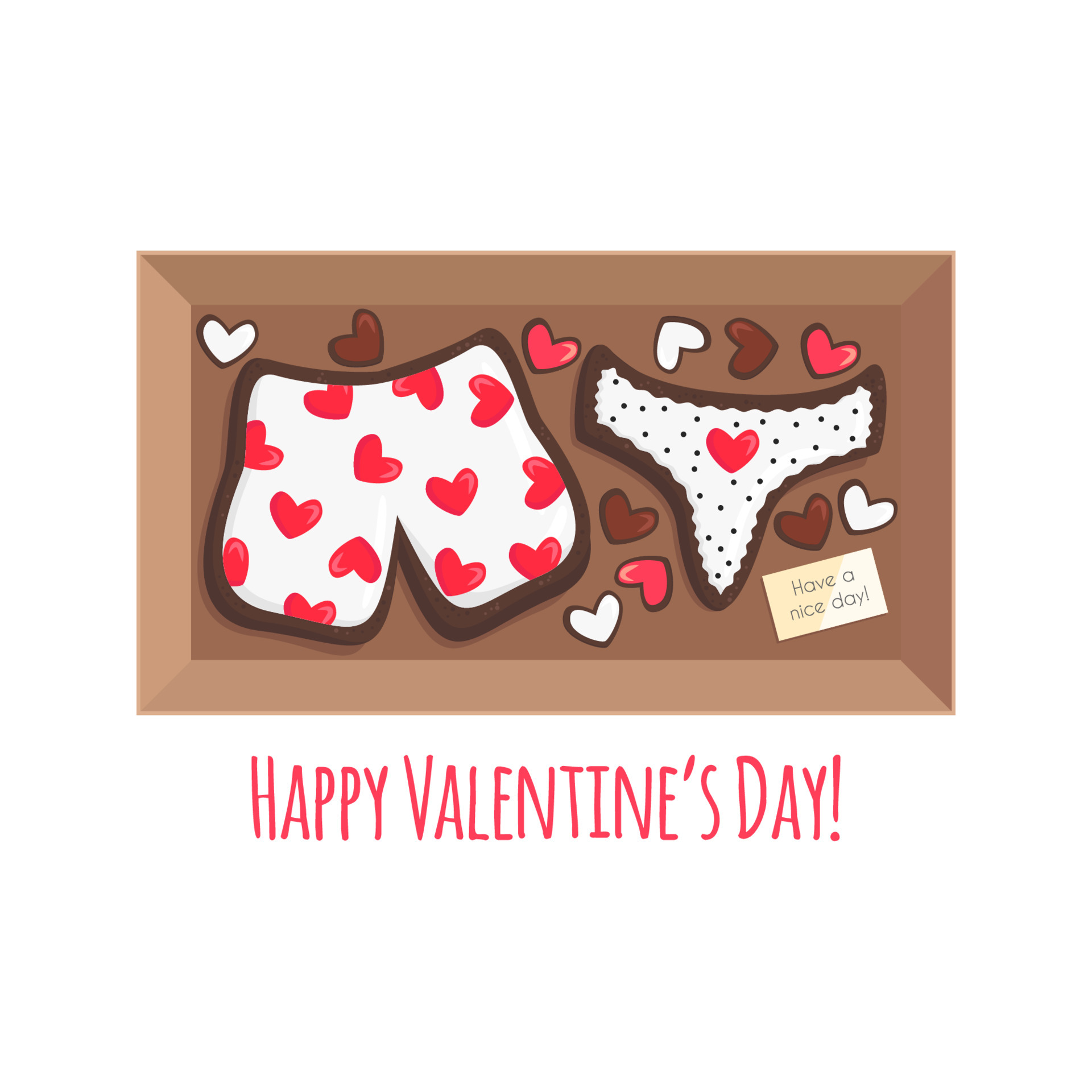 Vector Illustration of Box with Cookies for Couple like Gift for Saint Valentine's   Sweet Bakery Products looks like Boxers and  Concept  usable for Greeting Card, Postcard, Banner 4577870 Vector Art
