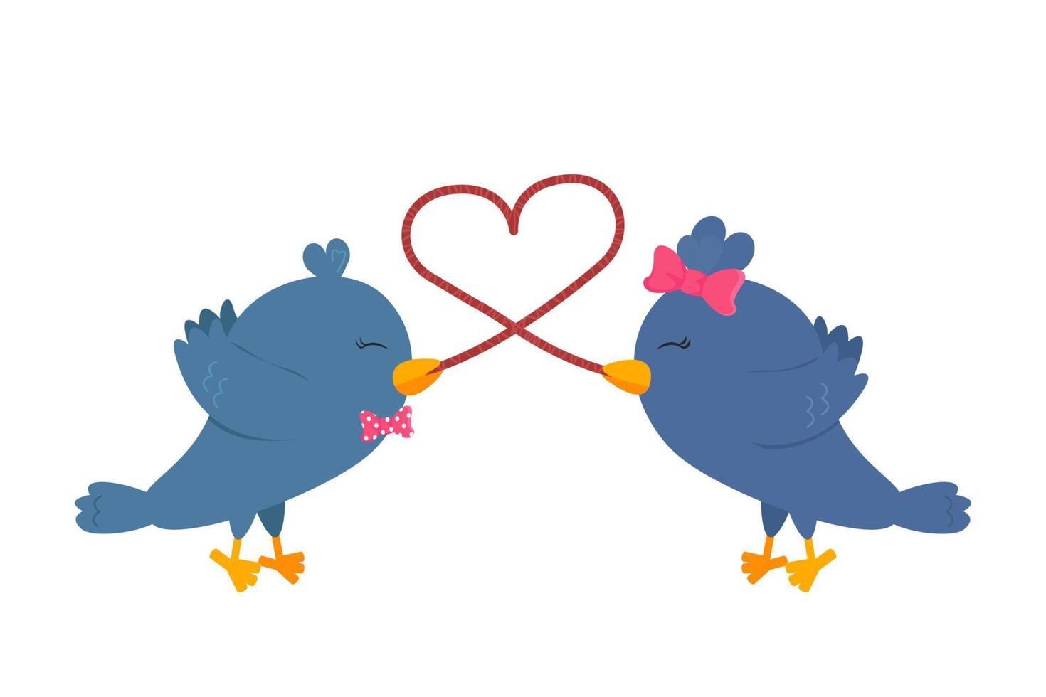 Vector Flat Illustration of Couple of Lovebirds Eating Worm, that making Shape of Heart. Symbol of Saint Valentine's Day is Blue Birds or Doves or Love Birds. Drawing for Romantic Greeting Card