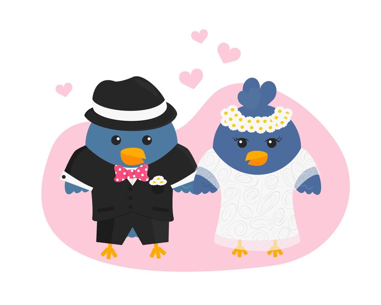Vector Illustration of Doves like Bride and Groom on Pink Background. Wedding Invitation with Lovebirds in Flat Cartoon Style. Template for Greeting Card, Banner, Flyer. Concept for Valentine's Day