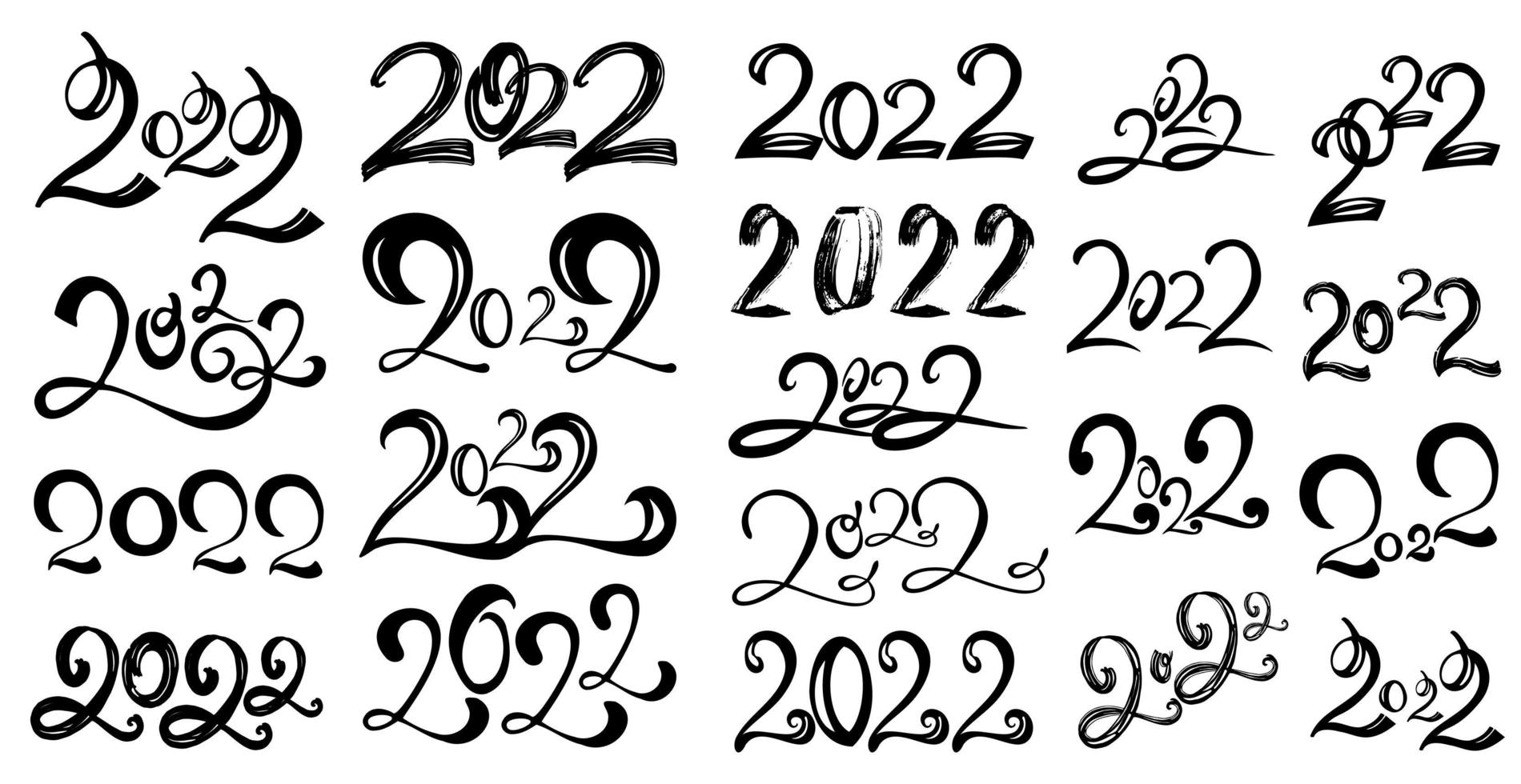Set 21 Piece Black Calligraphic Numbers 2022 Year of the Coming New Years Eve of the Tiger - Vector