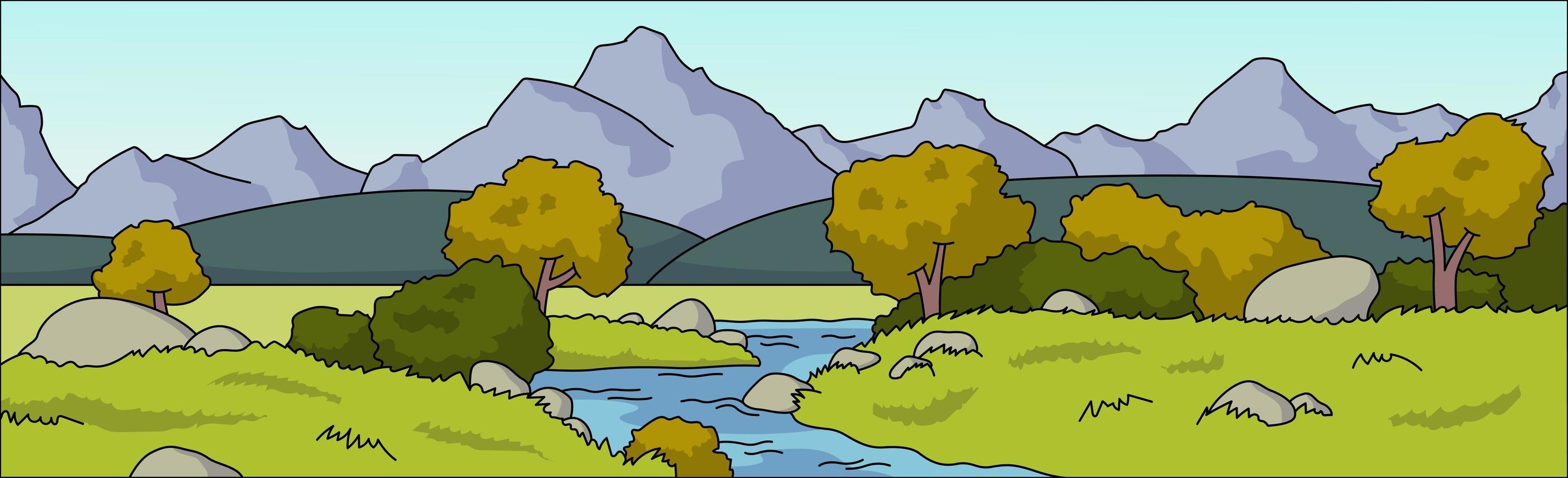 Panoramic realistic bright mountain forest landscape - Vector