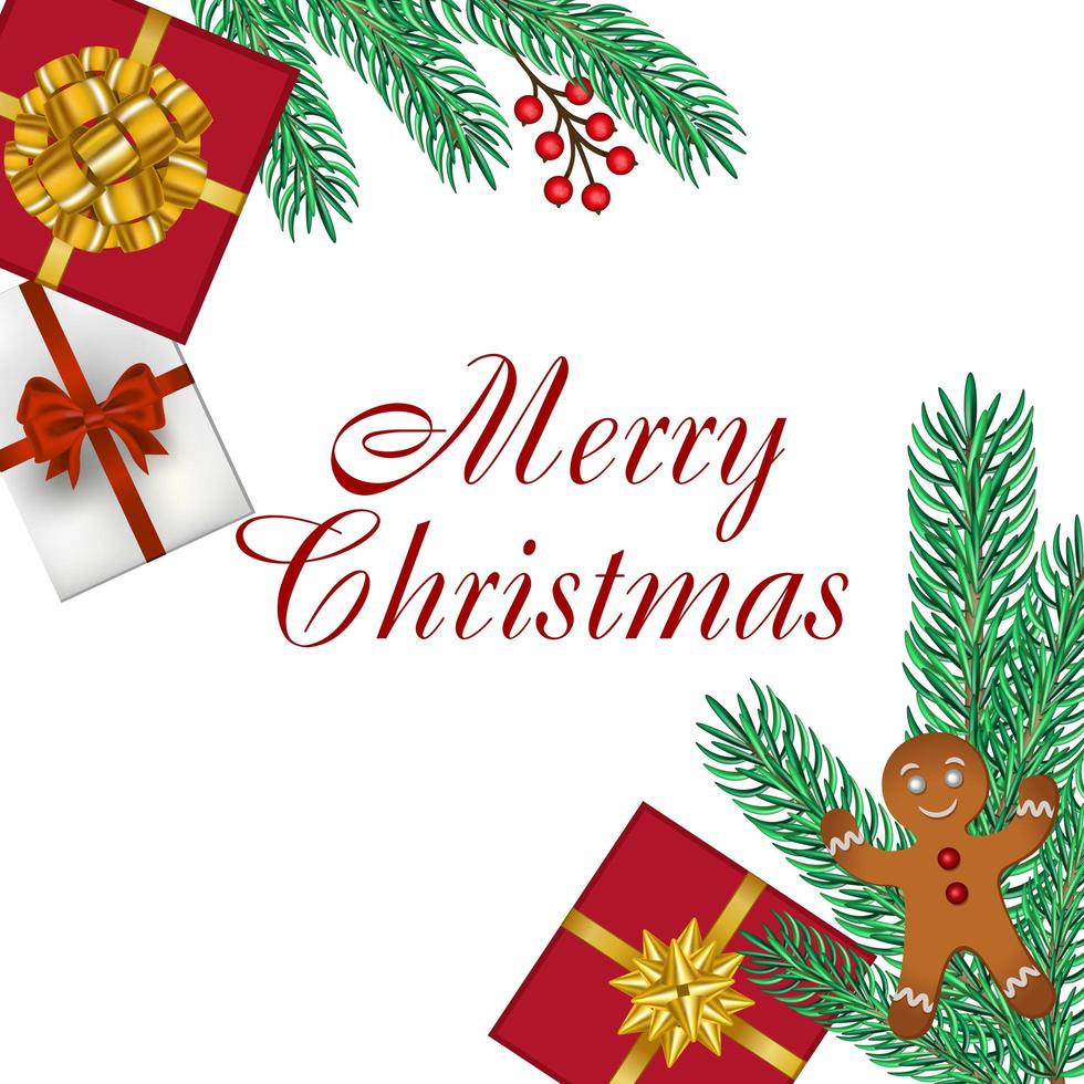 Christmas and New Year web background. Realistic fir pine lush tree. Gift box, glass balls and other holiday elements. Postcard, banner, poster, template for social networks - Vector