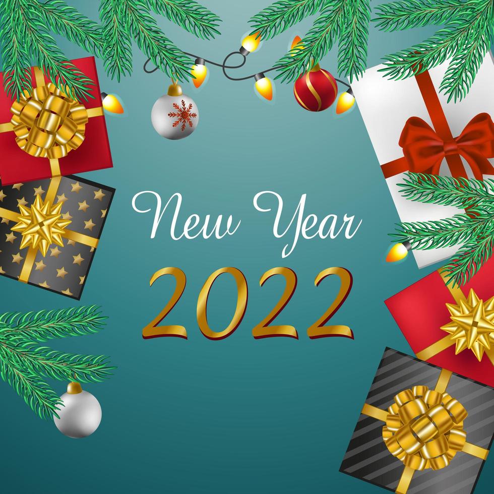 Christmas and New Year web background. Realistic fir pine lush tree. Gift box, glass balls and other holiday elements. Postcard, banner, poster, template for social networks - Vector