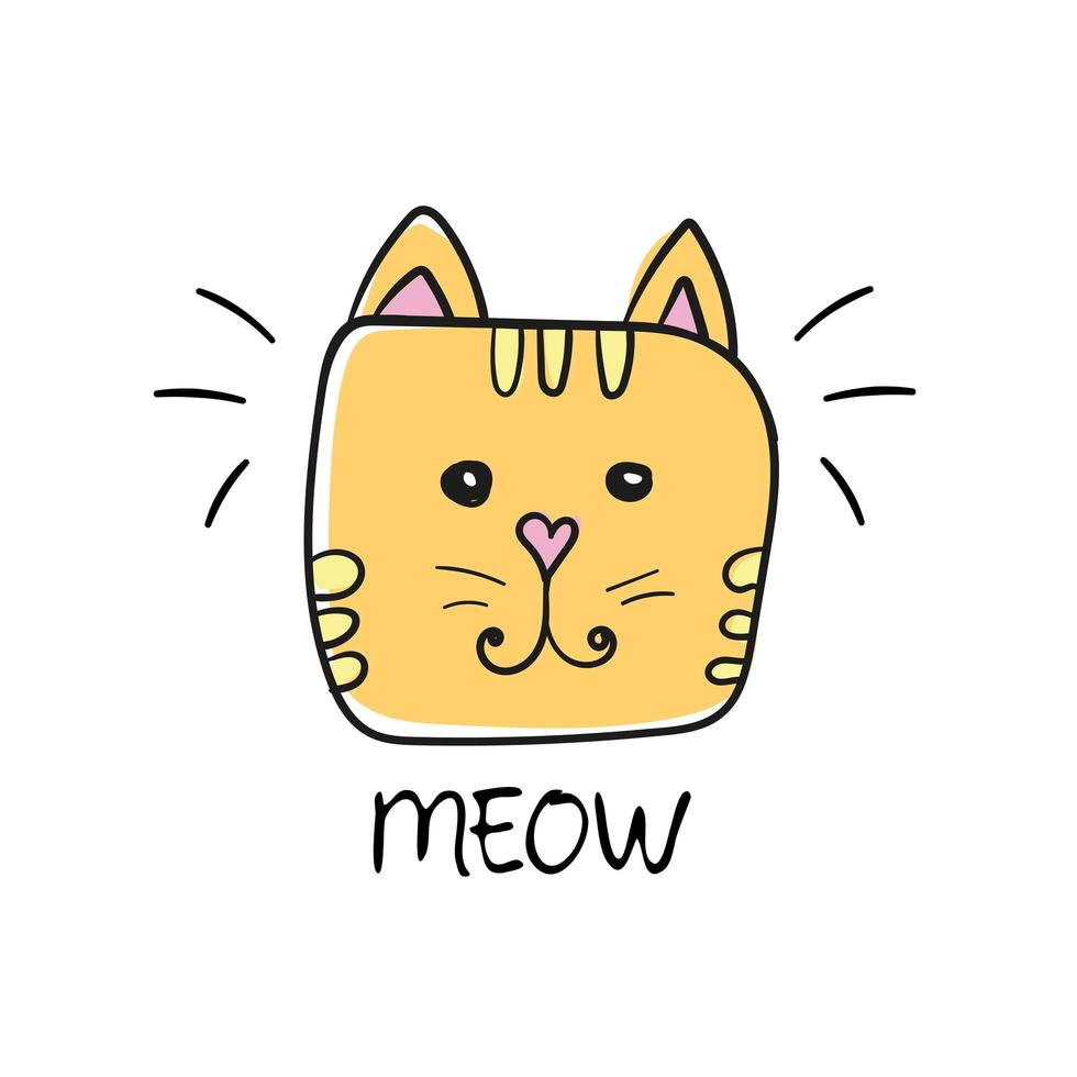 Cute cat face drawing and meow sign - Vector Textile graphic t shirt print