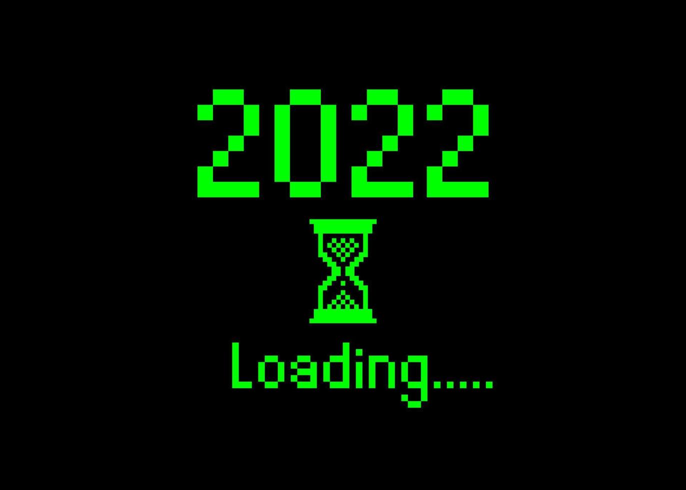 feliz año nuevo 2022 con estilo de mapa de bits de pixel art de icono de carga. barra de progreso casi llegando a la víspera de año nuevo. diseño plano vector verde 2022 cargando cursor de reloj de arena de píxeles. fondo negro o aislado