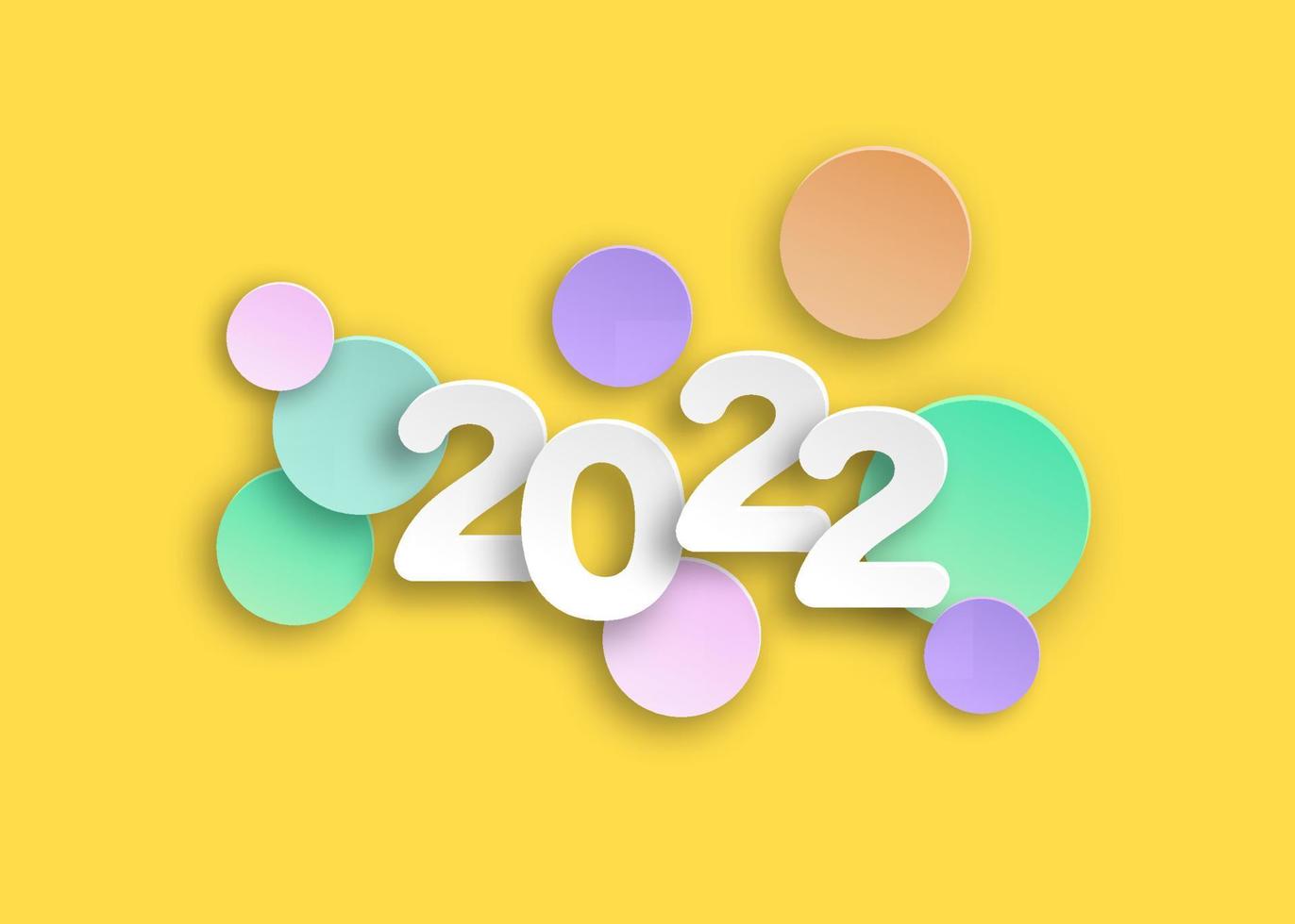 New year 2022 paper cut numbers in delicate colors. Decorative greeting card 2022 happy new year. Colorful Christmas banner, vector illustration isolated on yellow background