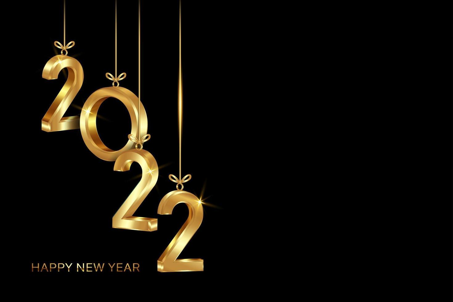 Happy New Year 2022. Hanging golden 3D numbers, banner Christmas theme. Holiday design for greeting card, invitation, calendar, party, gold luxury vip, vector isolated on black background
