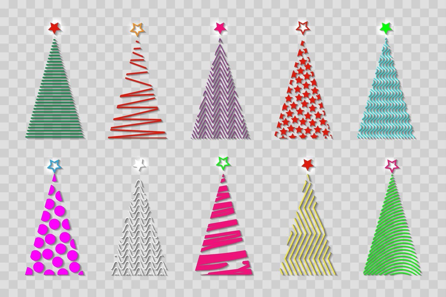 set of colorful vector stylized Christmas tree, fashion logo icon festive, embossed geometric tree in vibrant colors, isolated on transparent background