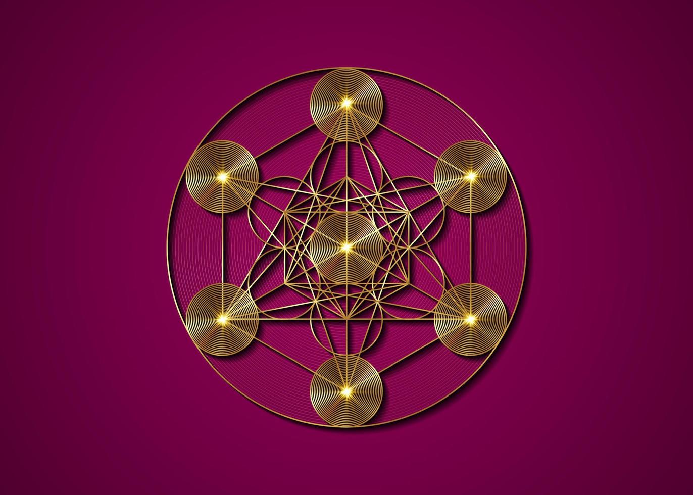 Gold Metatrons Cube, Flower of Life. Sacred geometry, graphic geometric elements. Mystic icon platonic solids, abstract geometric drawing, crop circles. Vector isolated on purple background