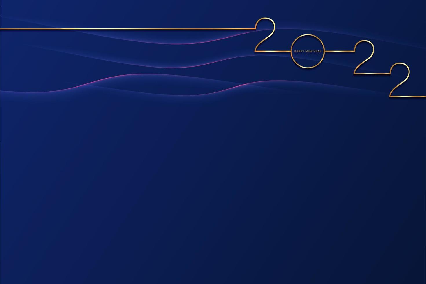 Tarjeta de feliz año nuevo dorado 2022 con líneas de textura de degradado de lámina premium, fondo oscuro. diseño de lujo festivo para tarjeta navideña, invitación, cartel de calendario. 2022 año nuevo texto dorado en azul vector