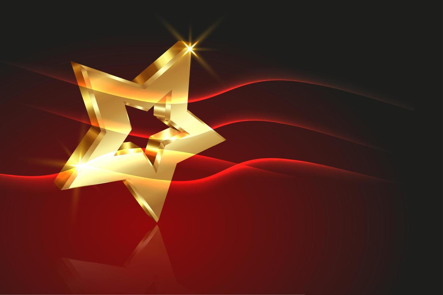 Concepto de premio estrella de oro, icono del logotipo de oro 3d con efecto de luz, ilustración vectorial aislado sobre fondo rojo oscuro vector