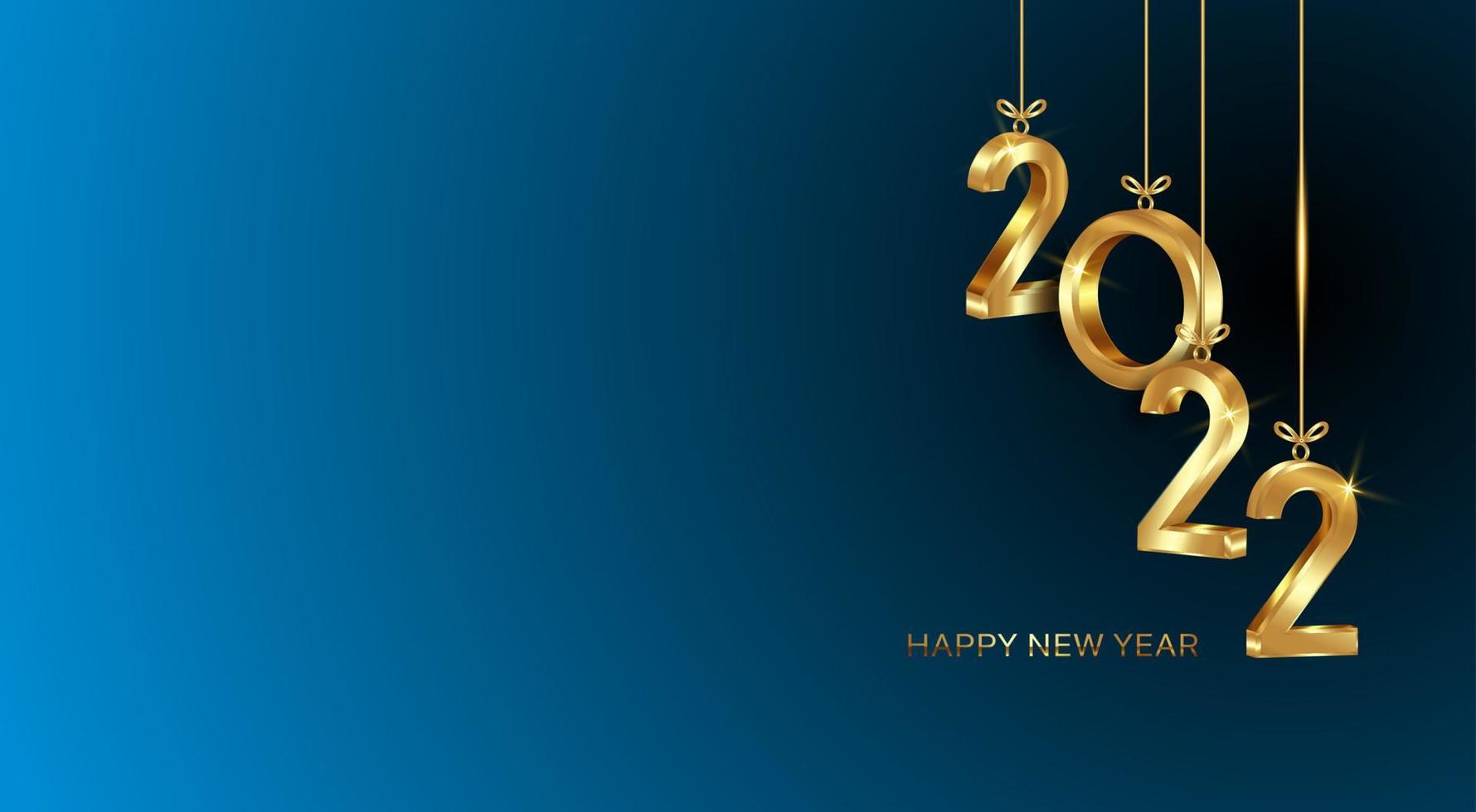 feliz año nuevo 2022. números 3d de oro colgantes, tema de navidad de banner. diseño de vacaciones para tarjeta de felicitación, invitación, calendario, fiesta, vip de lujo dorado, vector aislado sobre fondo azul