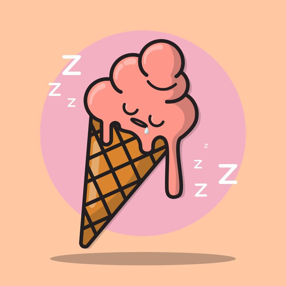 Cute cartoon ice cream with sleepy face. Kawaii ice cream in cone. A collection of sweet food emojis. vector