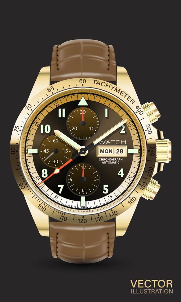 Realistic watch clock chronograph gold red arrow brown black white number text brown leather strap on grey background design classic luxury for men vector