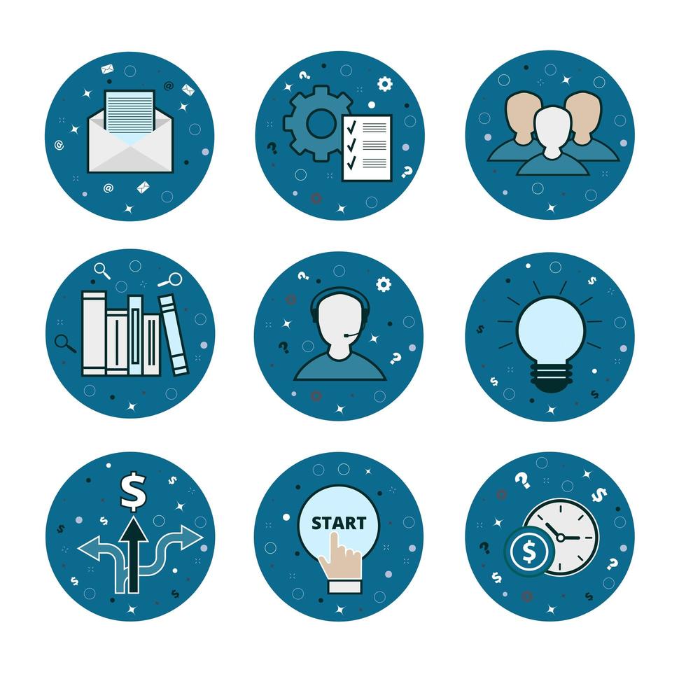 Set of 9 business icons - vector blue flatstyle