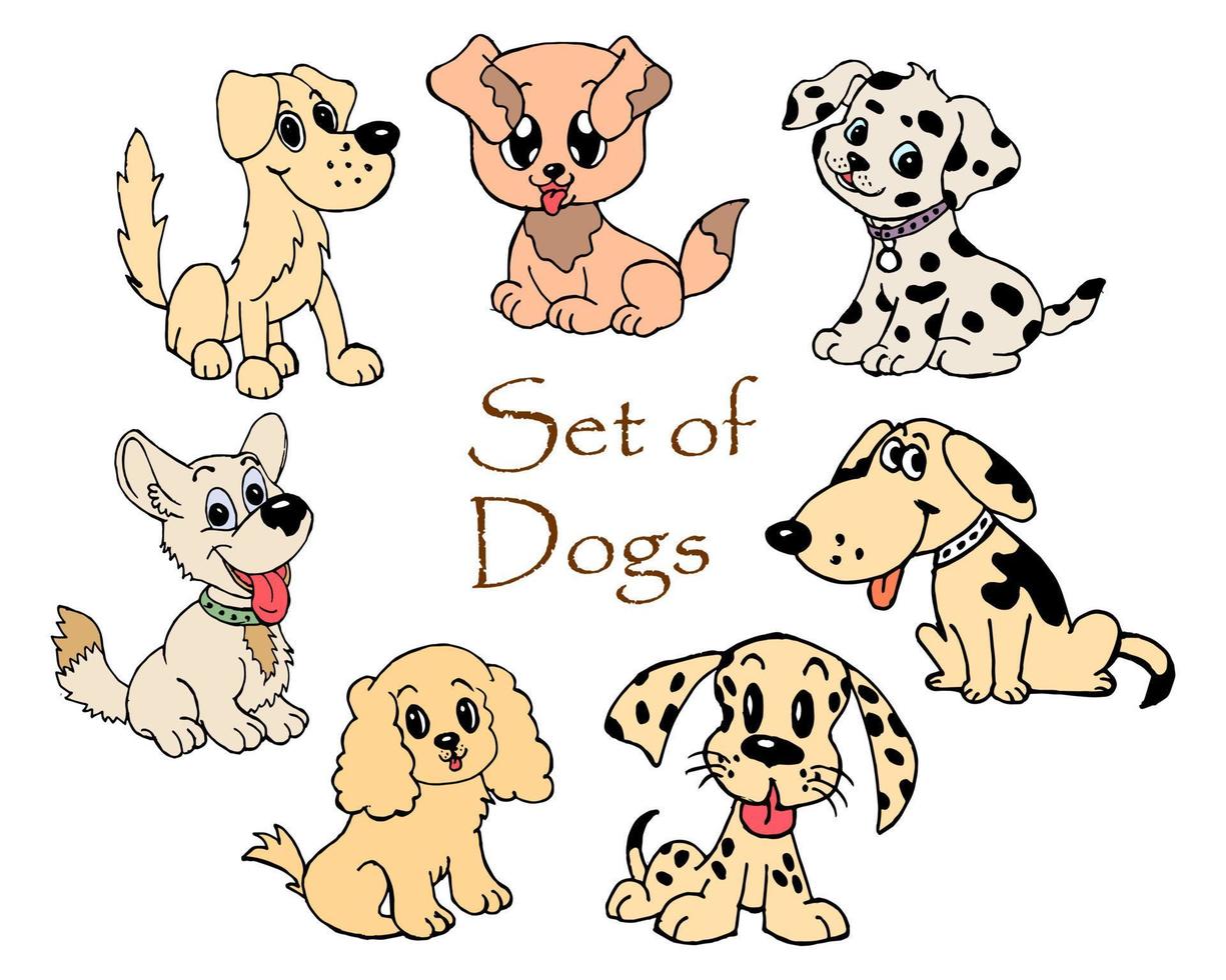 Ilustración de doodle para niños, perro cachorros multicolores divertidos dibujados a mano vector