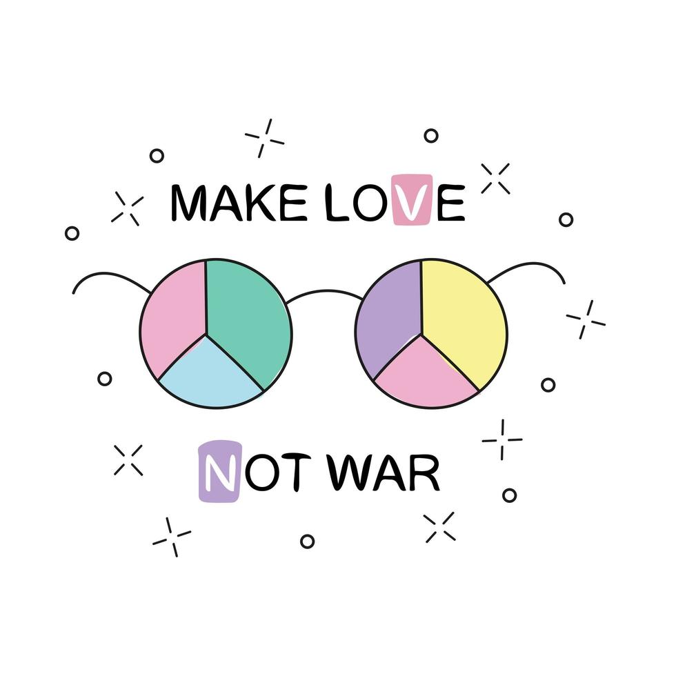 Make love not war. Rainbow hippie sun glasses with peace sign. Vector