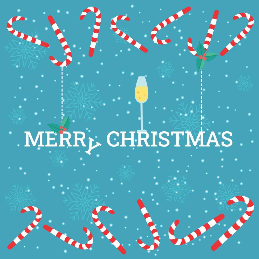 Vector Christmas card with a glass of champagne, holly berries and a candy cane.