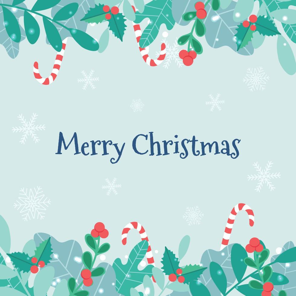 vector tarjeta de navidad con un marco de plantas y un bastón de caramelo