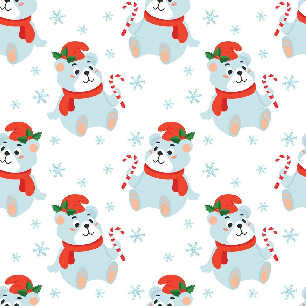 Seamless Christmas background with a polar bear in a red hat and a