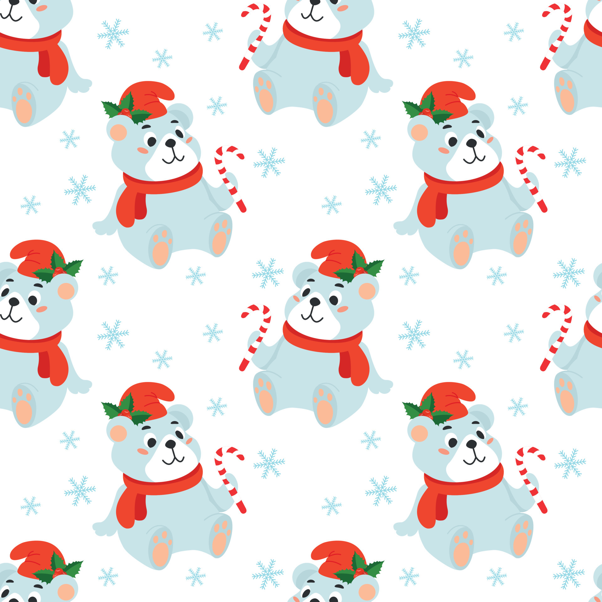 Seamless Christmas background with a polar bear in a red hat and a