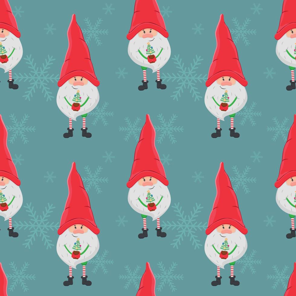 Vector seamless Christmas background with a little gnome in a big red hat