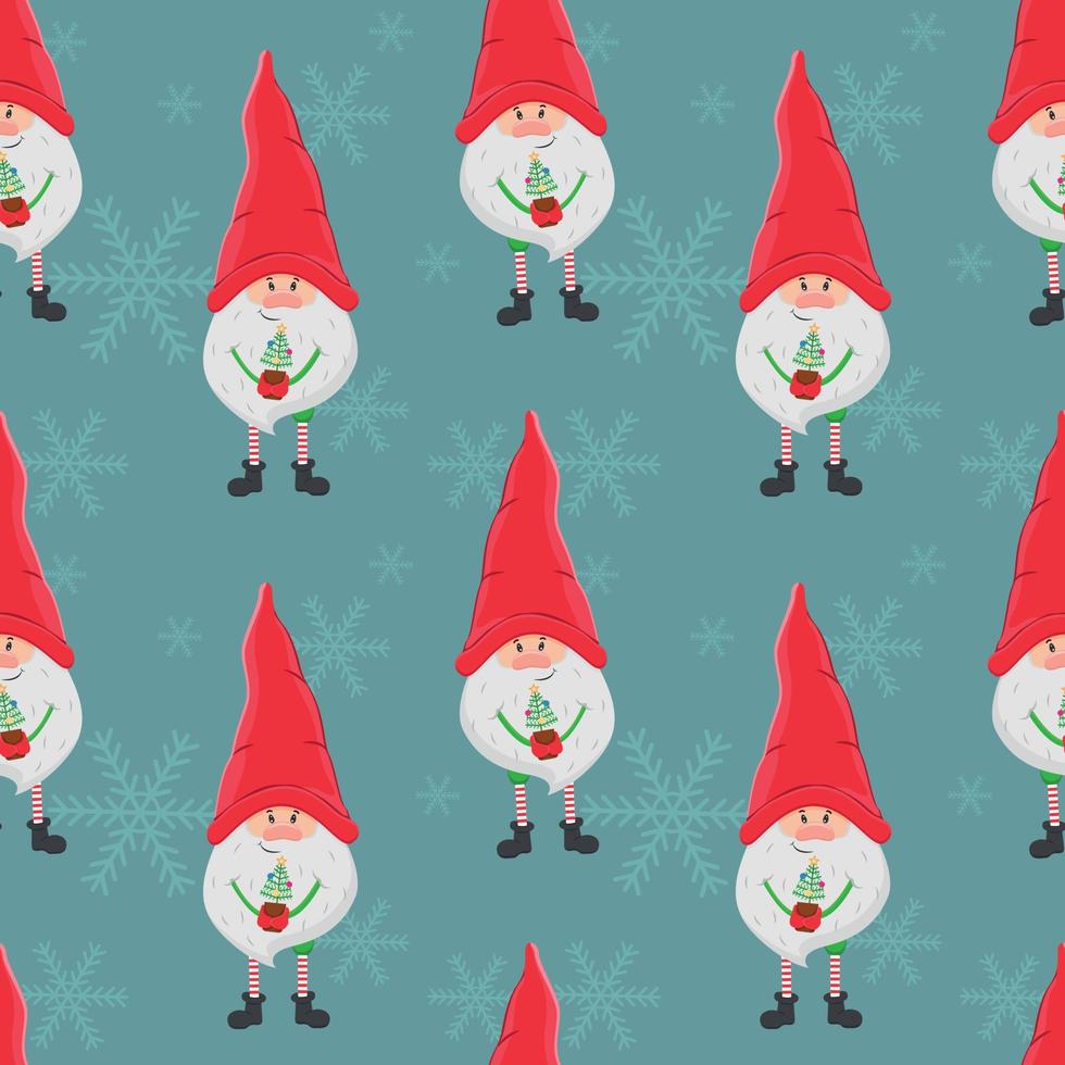 Vector de fondo de Navidad sin fisuras con un pequeño gnomo en un gran sombrero rojo