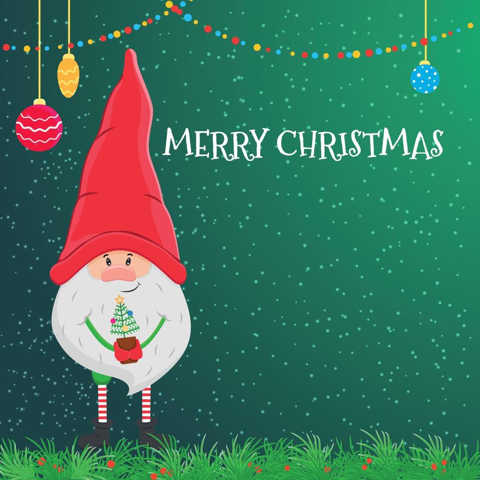 vector, tarjeta de navidad, con, un, pequeño, gnomo, en, un, sombrero rojo, y, un, árbol de navidad vector