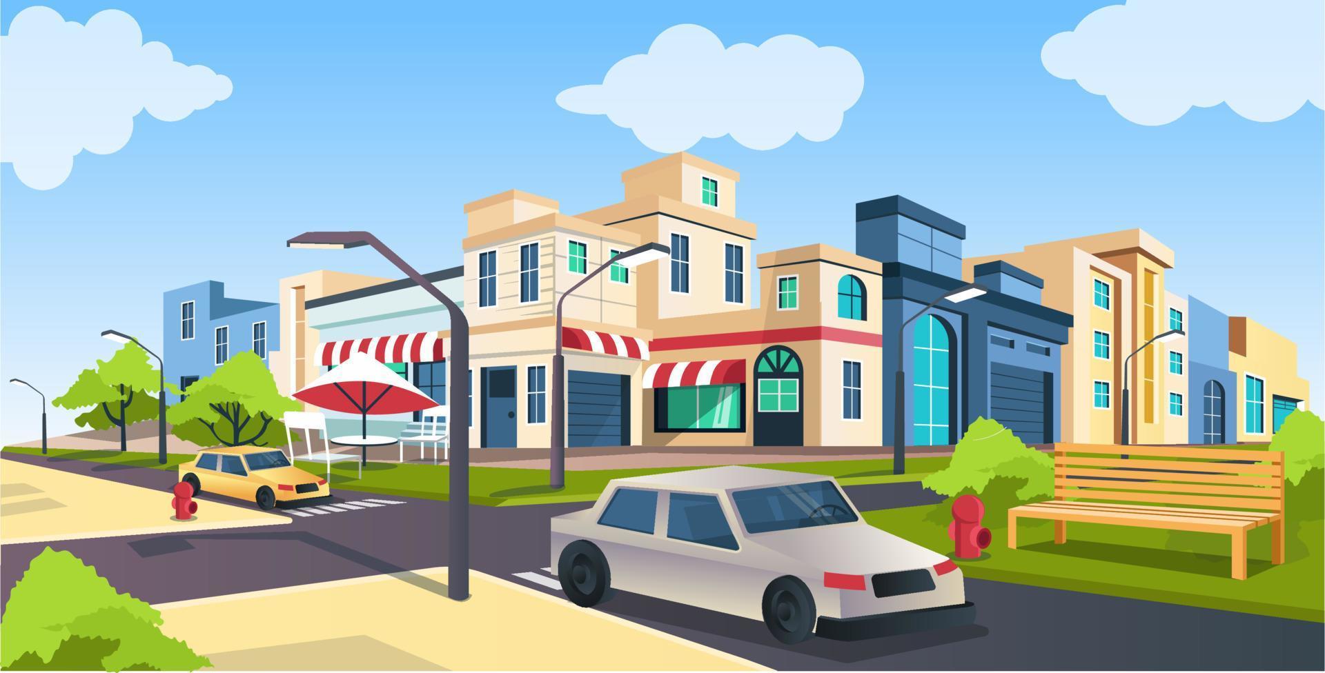 Flat isometric vector illustration, road and car, city street with Park bench landscape