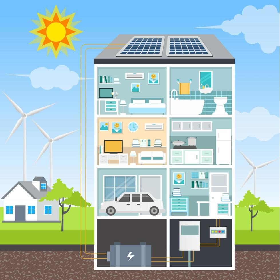 Saving solar panel energy for smart home vector